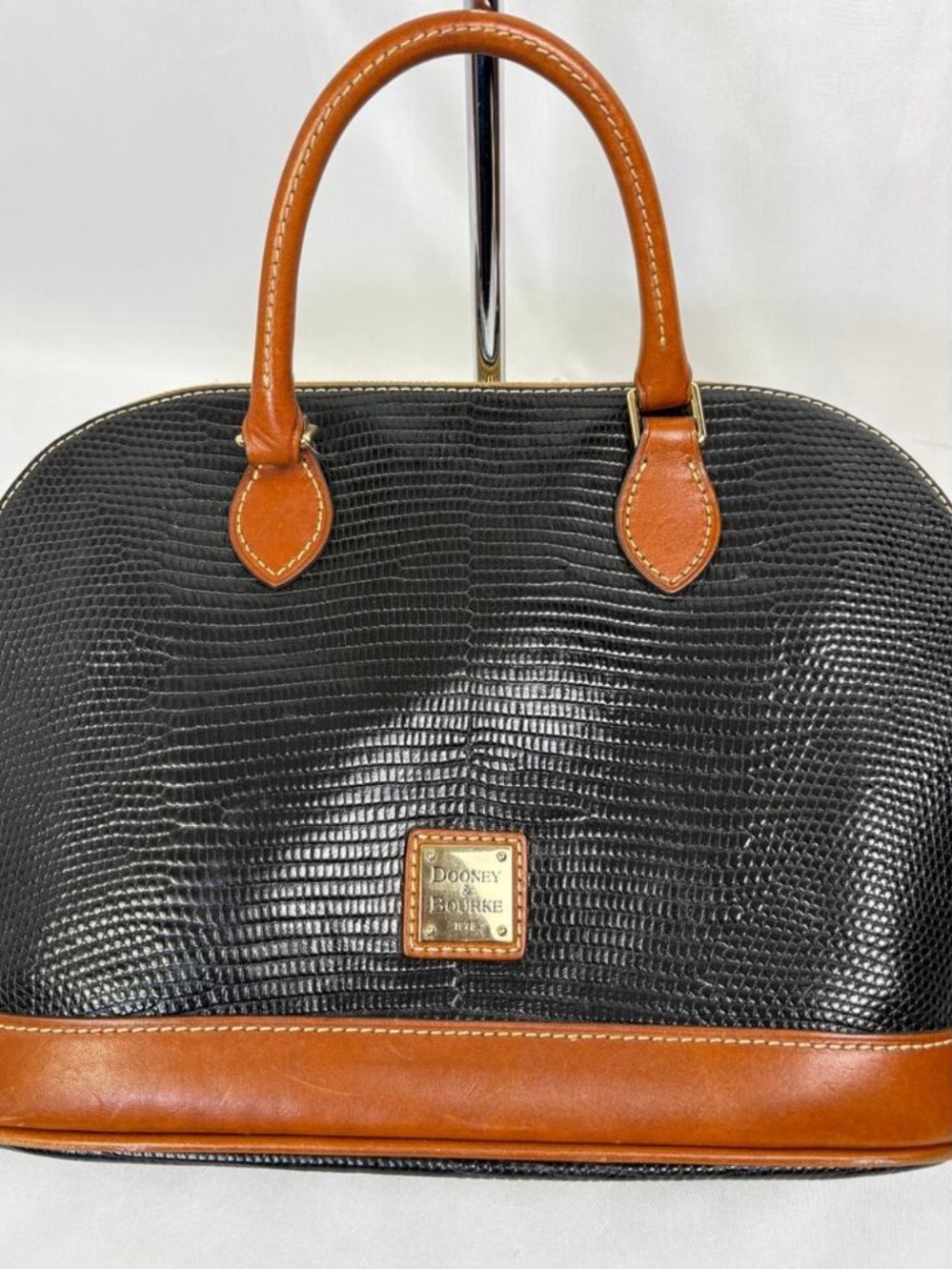 Dooney & Bourke Black Lizard-Embossed Satchel with Tan Trim